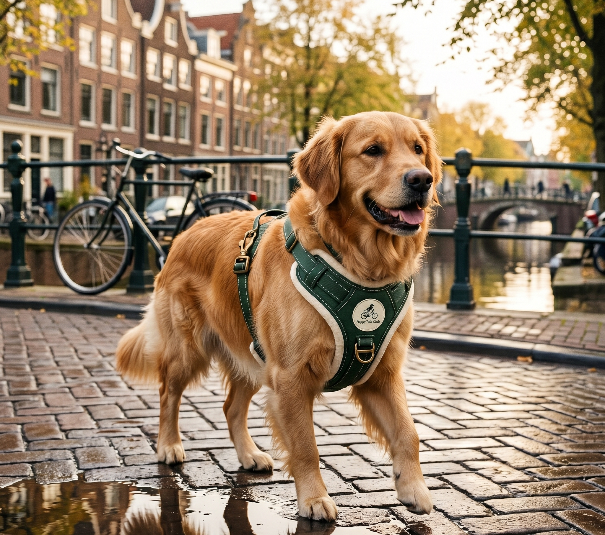 Happy Tails Club dog wearing the club harness in Amsterdam