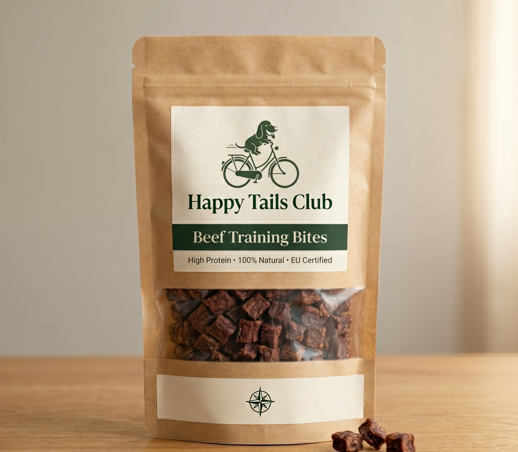Package of Happy Tails Club Beef Training Bites on a wooden surface with a neutral background