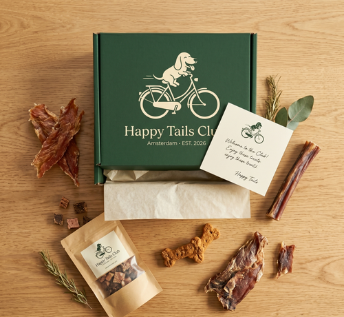 Happy Tails Club packaging with dog treats on a wooden surface