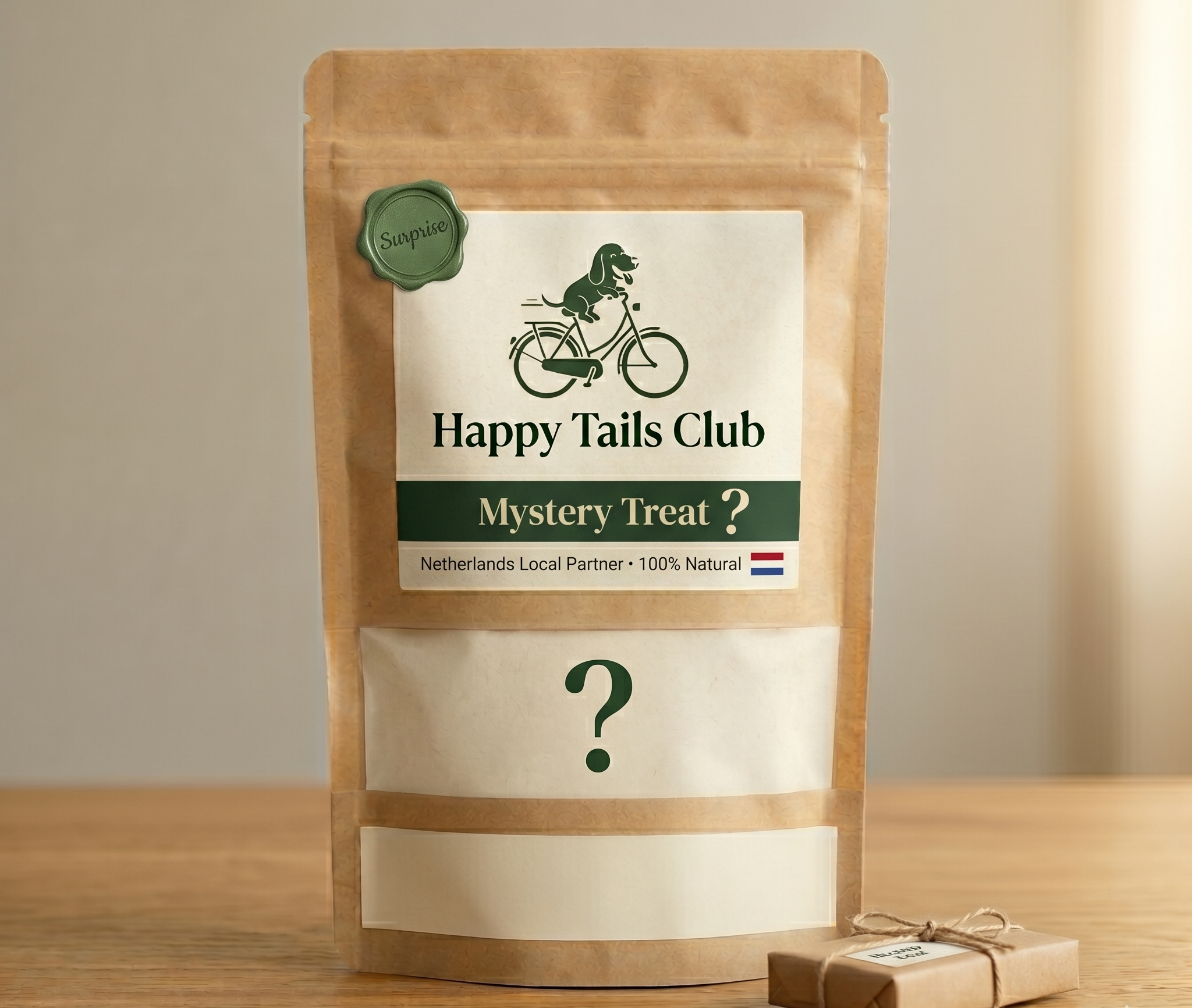 Happy Tails Club mystery treat package on a wooden surface with a neutral background