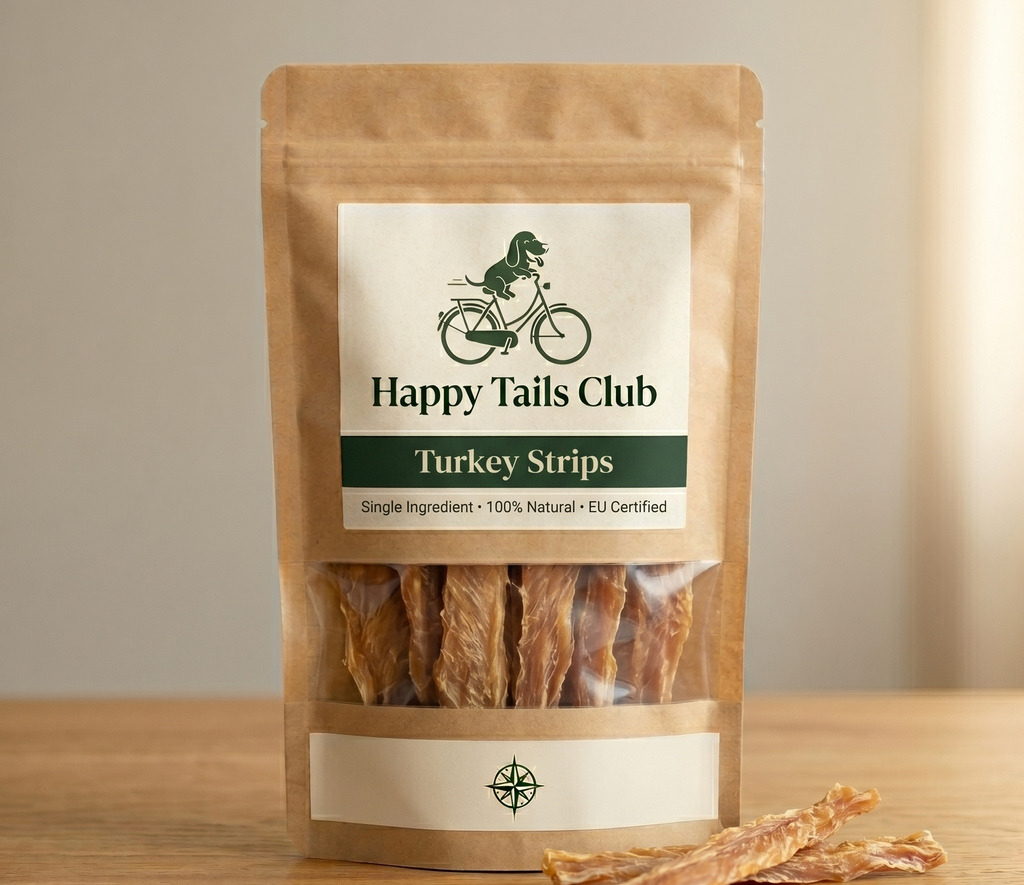 Package of Happy Tails Club Turkey Strips on a wooden surface with a neutral background