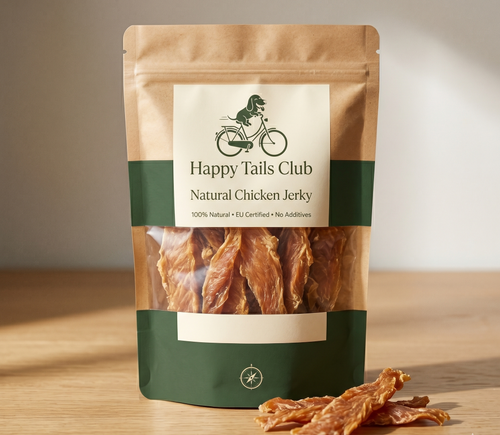 Happy Tails Club natural chicken jerky package on a wooden surface